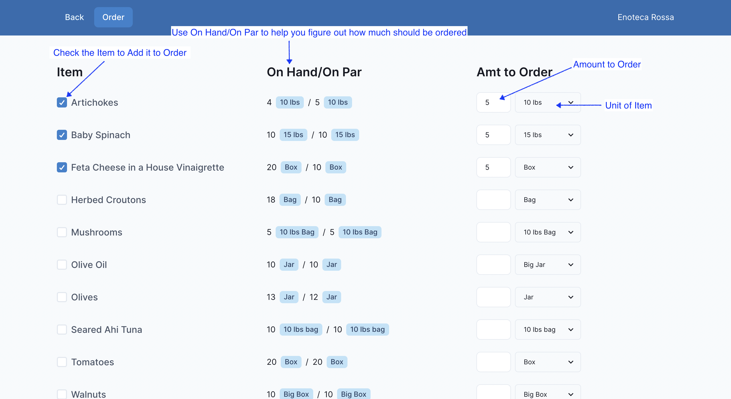 Mise, Kitchen Manager Ordering